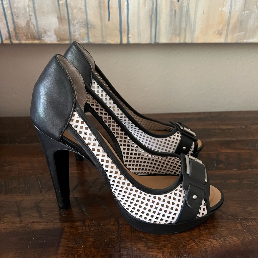 Naughty Monkey ‘Flirt’ Black & White Laser Cut Buckle Heels